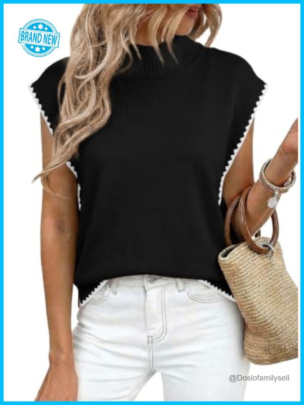 Sleeveless Turtleneck Sweater Vest Contrast Trim Mock Neck Knit Pullover Top
